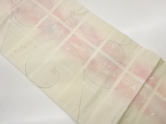 格子に花唐草模様織出し名古屋帯